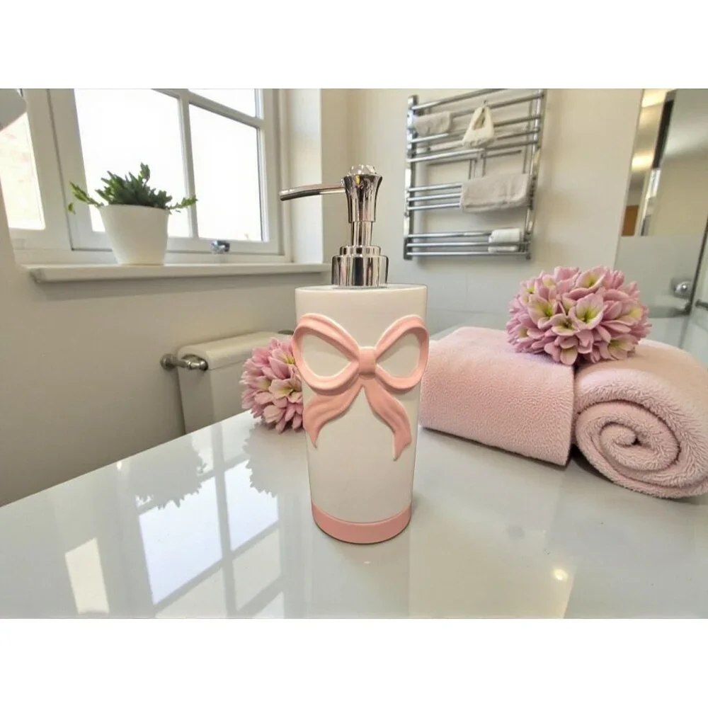 New Girly Soap Dispenser White & Pink Bow Coquette Bathroon Vanity Decor